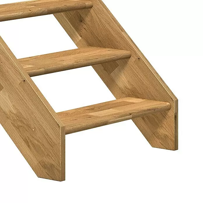 Dolle Raumspartreppe Paris - Breite: 83,5 mm, Eiche, Natur, Lackiert, Geschosshöhe: 280,5 cm, Gerade, Rechteckstäbe Holz, Ohne Setzstufen - Hellbraune Holztreppe, zeigt drei Stufen mit natürlicher Holzmaserung und robuster Konstruktion.
