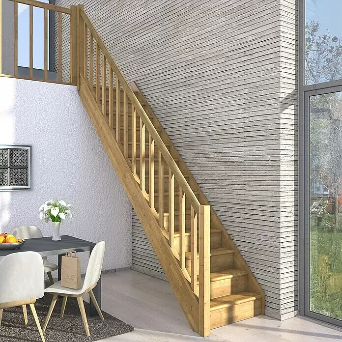 Dolle Raumspartreppe Paris - Breite: 83,5 mm, Eiche, Natur, Lackiert, Geschosshöhe: 280,5 cm, Gerade, Rechteckstäbe Holz, Mit Setzstufen - Treppe aus hellem Holz mit Geländer in einem modernen Wohnraum, die zwei Ebenen verbindet.