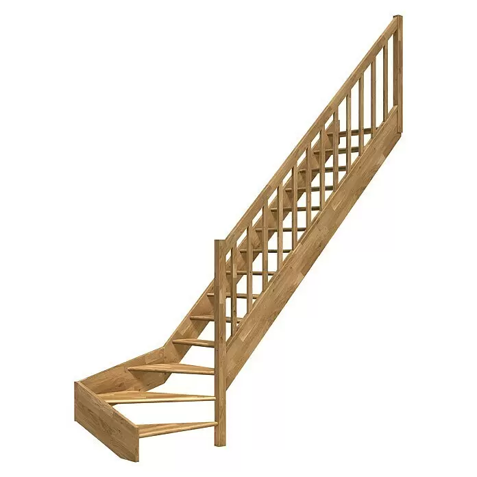 Dolle Raumspartreppe Paris - Breite: 83,5 mm, Eiche, Natur, Lackiert, Geschosshöhe: 318 cm, 1/4-gewendelt rechts, Rechteckstäbe Holz, Ohne Setzstufen - Helle Holztreppe mit geradem Geländer und einer Viertelwendelung am unteren Ende.