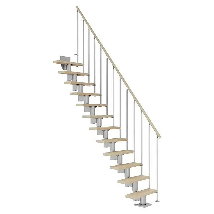 Dolle Mittelholmtreppe Dublin - Breite: 65 cm, Perlgrau, Gerade, Farbe Stufen: Buche Natur, Geschosshöhe: 278 cm - 337 cm, Einzelstabgeländer - Moderne freitragende Treppe mit hellen Holzstufen, silbernen Metallgeländern und einem Holzhandlauf.