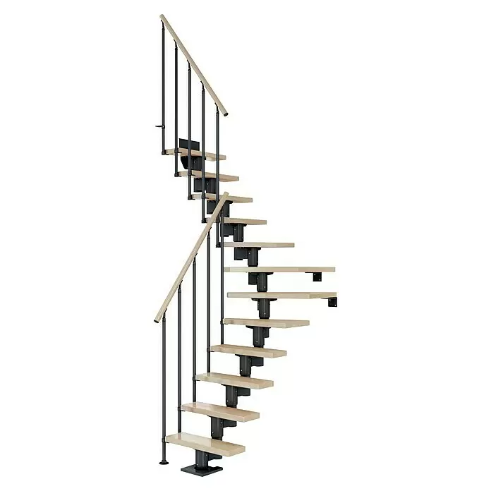 Dolle Mittelholmtreppe Dublin - Breite: 75 cm, Anthrazitgrau, 1/4-gewendelt, Farbe Stufen: Buche Natur, Geschosshöhe: 259 cm - 315 cm, Einzelstabgeländer - Modulare geschwungene Treppe mit hellen Holzstufen, dunklem Metallrahmen und Holzgeländer.