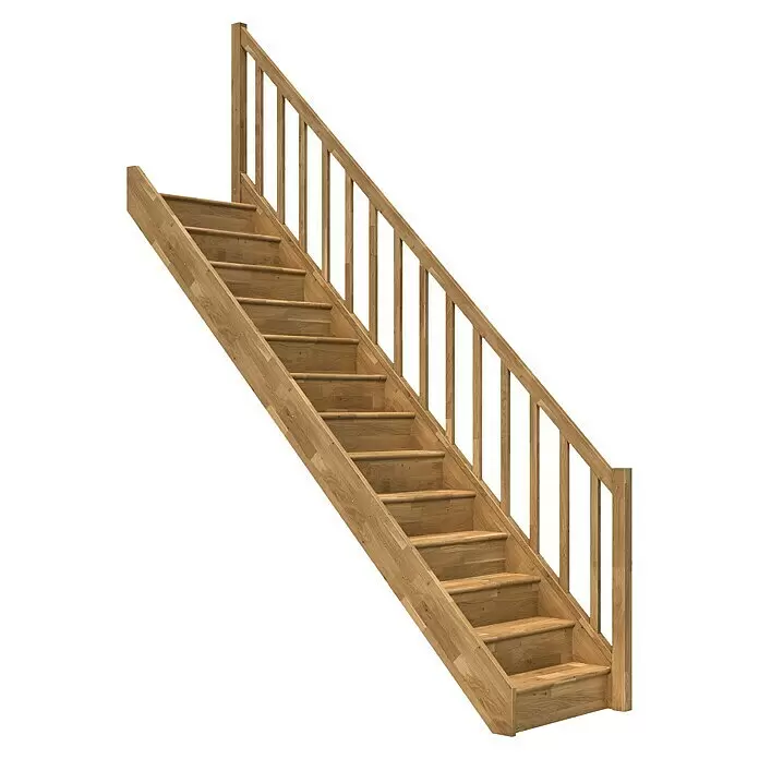 Dolle Raumspartreppe Paris - Breite: 83,5 mm, Eiche, Natur, Lackiert, Geschosshöhe: 280,5 cm, Gerade, Rechteckstäbe Holz, Mit Setzstufen - Hellbraune Eichentreppe mit Holzgeländer.