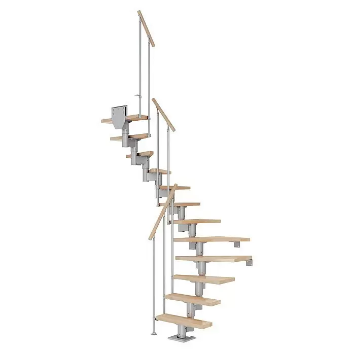 Dolle Mittelholmtreppe Dublin - Breite: 75 cm, Perlgrau, 1/2-gewendelt, Farbe Stufen: Buche Natur, Geschosshöhe: 259 cm - 315 cm, Einzelstabgeländer - Modulare Wendeltreppe mit hellen Holzstufen und Handlauf, sowie silbernem Metallgestell.
