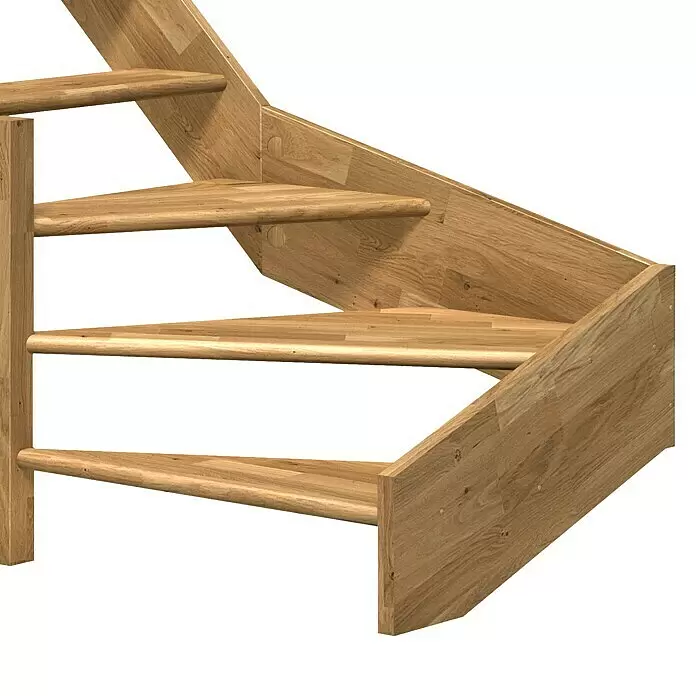 Dolle Raumspartreppe Paris - Breite: 83,5 mm, Eiche, Natur, Lackiert, Geschosshöhe: 318 cm, 1/4-gewendelt links, Rechteckstäbe Holz, Ohne Setzstufen - Helle Naturholztreppe mit gewendelten Stufen und einfacher Balustrade.