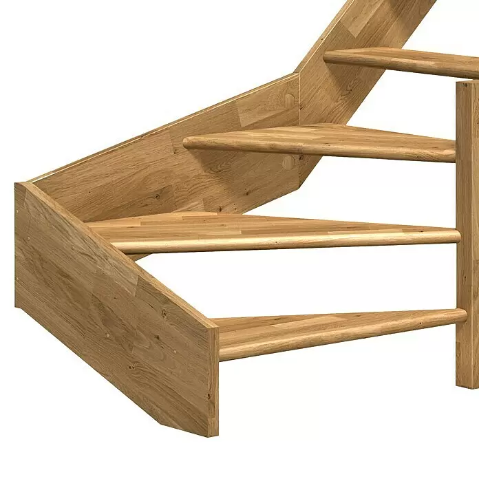 Dolle Raumspartreppe Paris - Breite: 83,5 mm, Eiche, Natur, Lackiert, Geschosshöhe: 318 cm, 1/4-gewendelt rechts, Rechteckstäbe Holz, Ohne Setzstufen - Wendeltreppensektion aus hellem Naturholz mit Stufen und Geländerteil.