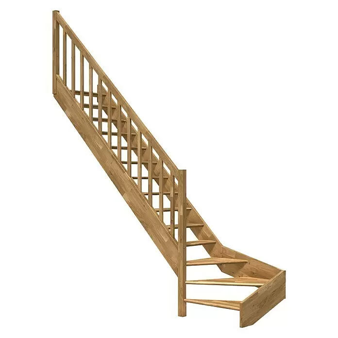 Dolle Raumspartreppe Paris - Breite: 83,5 mm, Eiche, Natur, Lackiert, Geschosshöhe: 318 cm, 1/4-gewendelt links, Rechteckstäbe Holz, Ohne Setzstufen - Helle Holztreppe mit passendem Geländer.
