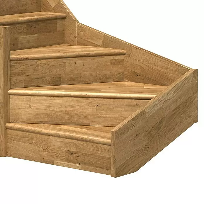 Dolle Raumspartreppe Paris - Breite: 83,5 mm, Eiche, Natur, Lackiert, Geschosshöhe: 318 cm, 1/4-gewendelt links, Rechteckstäbe Holz, Mit Setzstufen - Gewendelte Massivholztreppe.