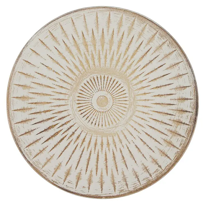 Deko-Tablett Shabby - Natur/Weiß, Durchmesser: 29 cm - Die runde, weiße Holzplatte mit einem strahlenförmigen Muster in der Mitte und einem abgenutzten Rand ist ein dekoratives Element für jeden Raum.
