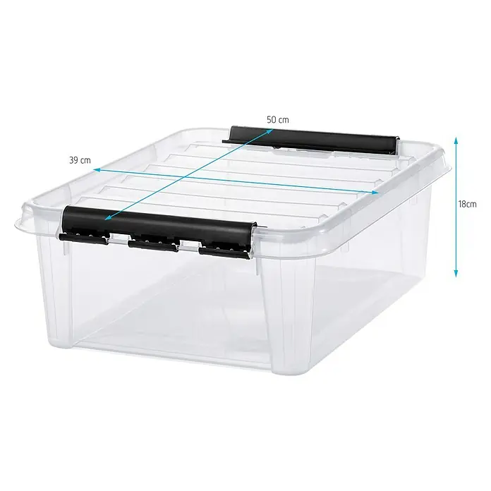 SmartStore Aufbewahrungsbox Classic 20 - L x B x H: 50 x 39 x 18 cm, Kunststoff, Transparent - Eine durchsichtige Plastikbox mit schwarzem Verschluss, beschriftet mit den Maßen 50 cm, 39 cm und 18 cm.