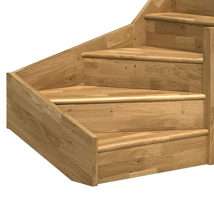 Dolle Raumspartreppe Paris - Breite: 83,5 mm, Eiche, Natur, Lackiert, Geschosshöhe: 318 cm, 1/4-gewendelt rechts, Rechteckstäbe Holz, Mit Setzstufen - Helle Eichenholz-Ecktreppe.