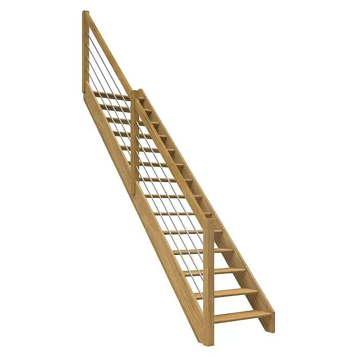 Dolle Raumspartreppe Paris - Breite: 83,5 mm, Eiche, Natur, Silber, Lackiert, Geschosshöhe: 280,5 cm, Gerade, Edelstahlstäbe, Ohne Setzstufen - Moderne Holztreppe mit Metallstabgeländer.