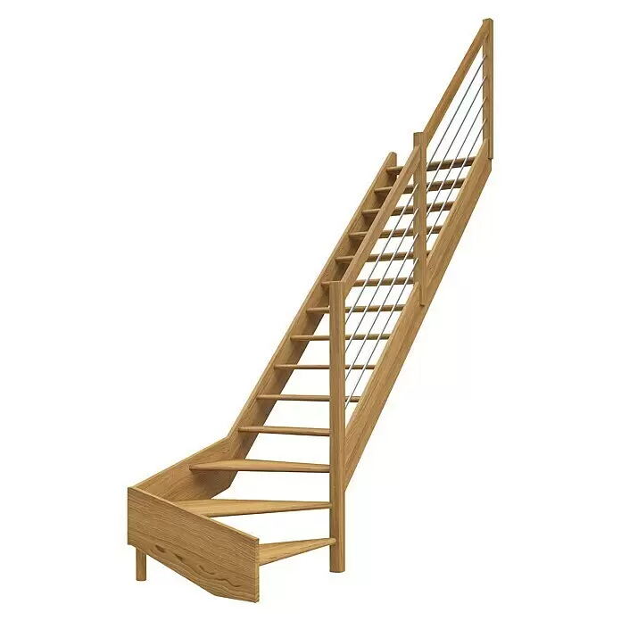Dolle Raumspartreppe Paris - Breite: 83,5 mm, Eiche, Lackiert, Geschosshöhe: 318 cm, 1/4-gewendelt rechts, Edelstahlstäbe, Ohne Setzstufen - Moderne Treppe aus hellem Holz mit Metallstabgeländer und Podeststufen.