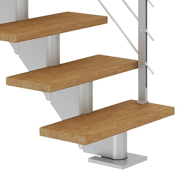 Dolle Mittelholmtreppe Hamburg - Breite: 85 cm, Gerade, Perlgrau, Farbe Stufen: Eiche Natur, Geschosshöhe: 222 cm - 258 cm - Holzstufen mit minimalistischem Design. Die Treppe kombiniert moderne Ästhetik mit funktionaler Eleganz für jeden Raum.