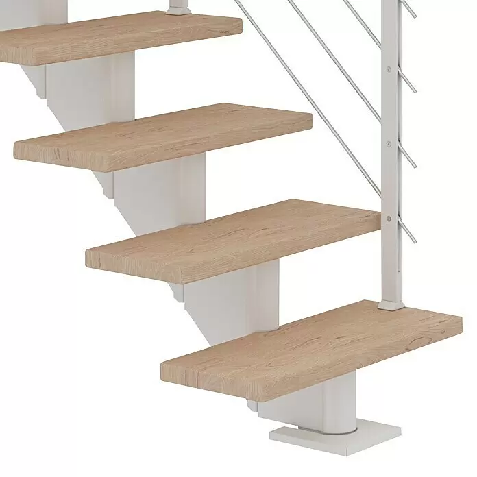 Dolle Mittelholmtreppe Hamburg - Breite: 75 cm, Gerade, Verkehrsweiß, Farbe Stufen: Eiche Weiß, Geschosshöhe: 222 cm - 258 cm - Detailaufnahme