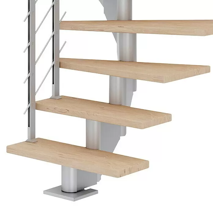 Dolle Mittelholmtreppe Hamburg - Breite: 75 cm, 1/4-gewendelt, Perlgrau, Farbe Stufen: Eiche Weiß, Geschosshöhe: 240 cm - 279 cm - Detailaufnahme