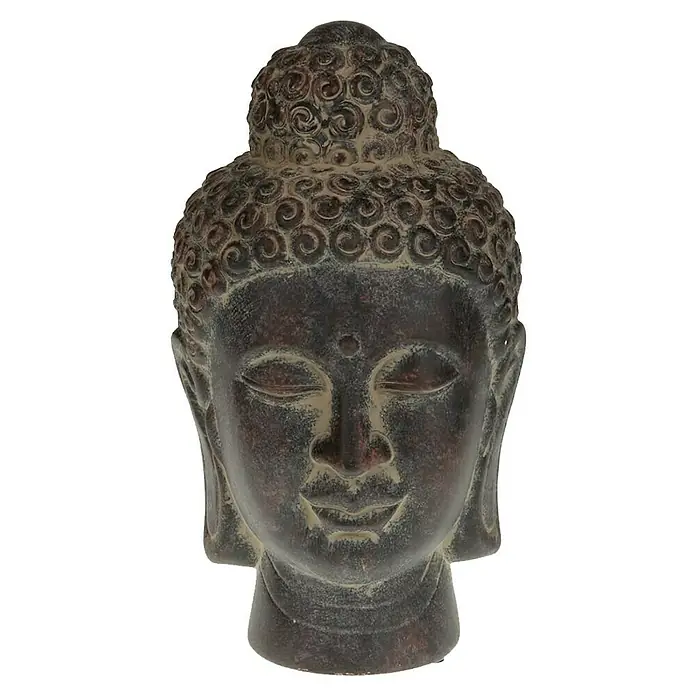 Buddhakopf - 17 x 31 cm, Dunkelgrau - Nahaufnahme einer Buddha-Statue mit filigranen Details und ruhigem Ausdruck, die spirituelle Ruhe und Frieden ausstrahlt.
