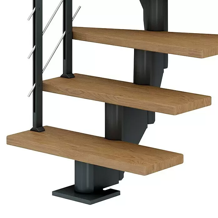 Dolle Mittelholmtreppe Hamburg - Breite: 75 cm, 1/4-gewendelt, Anthrazitgrau, Farbe Stufen: Eiche Natur, Geschosshöhe: 259 cm - 301 cm - Detailaufnahme