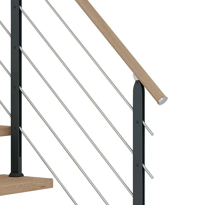 Dolle Mittelholmtreppe HamburgBreite: 85 cm, Gerade, Anthrazitgrau, Farbe Stufen: Eiche Weiß, Geschosshöhe: 278 cm - 322 cm - Detailaufnahme eines modernen Treppengeländers mit Holzhandlauf und Edelstahlstreben, befestigt an einem dunklen Metallpfosten.