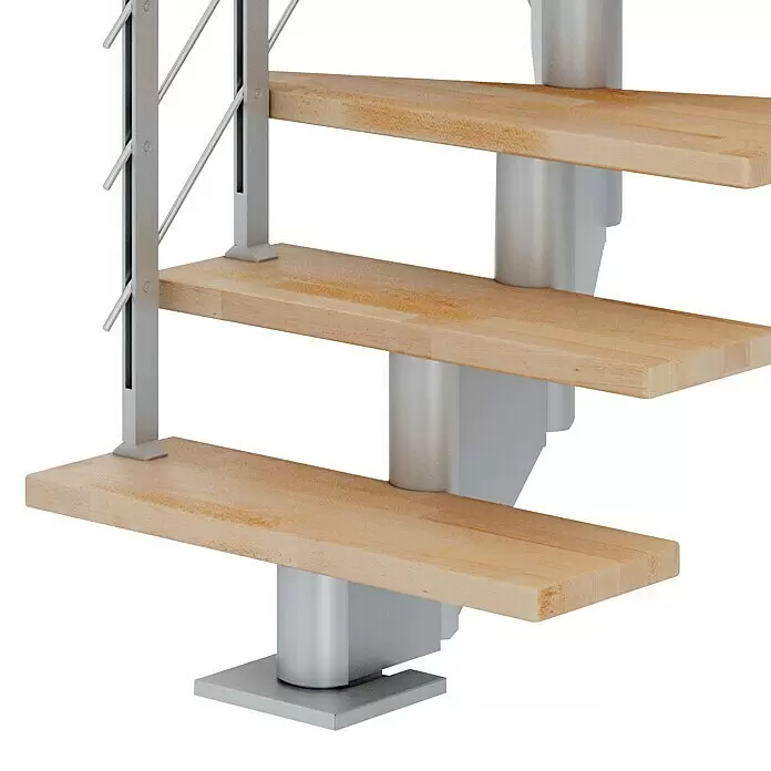 Dolle Mittelholmtreppe Hamburg - Breite: 75 cm, 1/4-gewendelt, Perlgrau, Farbe Stufen: Buche Natur, Geschosshöhe: 222 cm - 258 cm - Detailaufnahme