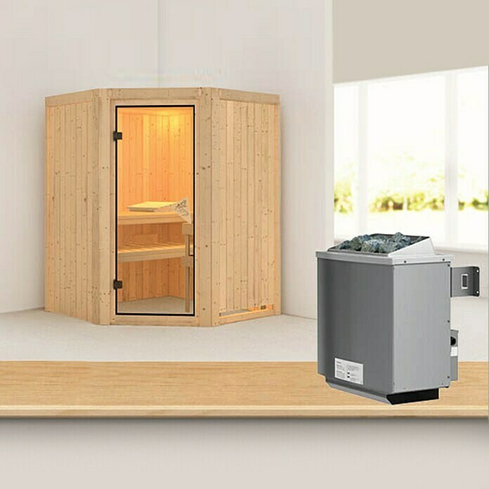 Karibu Elementsauna Larin (Mit 9 kW Ofen mit integrierter Steuerung, Ohne Dachkranz, L x B x H: 151 x 151 x 192 cm)