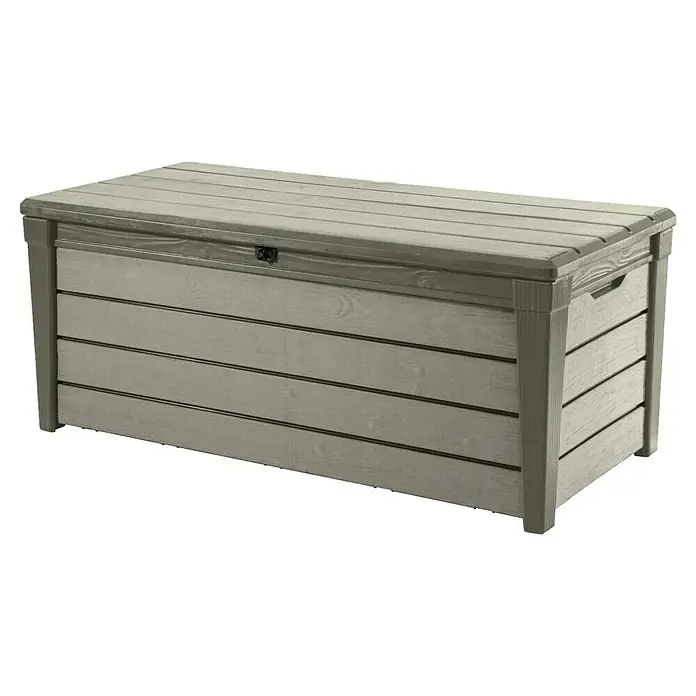 Keter Gartenbox Brushwood - 145 x 69,7 x 60,3 cm, Polypropylen, Taupe - Graue Gartenbox mit Holzstruktur. Die wetterfeste Aufbewahrungsbox bietet Stauraum für Gartenutensilien und Sitzkissen.