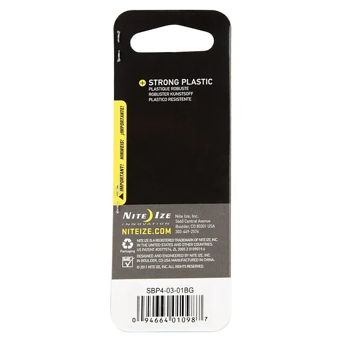 Nite Ize Doppelkarabiner - 89 x 38 mm, Kunststoff, Schwarz, Belastbarkeit: 33 kg - Verpackung der Nite Ize-Produkte mit Hinweisen zu Material, Patenten und Herstellungsort für interessierte Käufer.