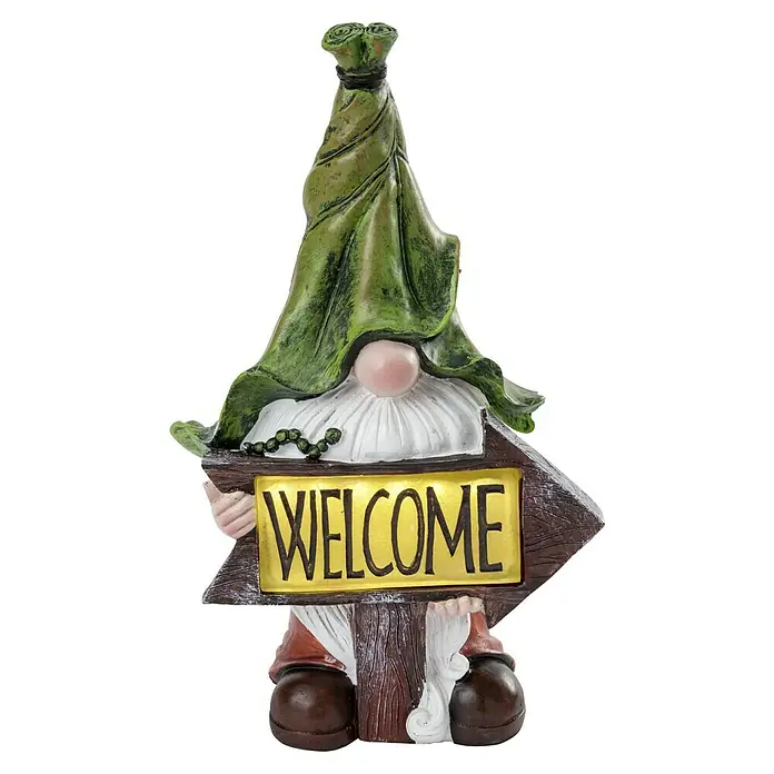 BAUHAUS Solar-Dekoleuchte Zwerg Welcome - 0,2 W, L x B x H: 13 x 13 x 33 cm, Grün/Braun, IP44 - Gartenfigur eines Zwergs mit einem beleuchteten "Willkommen"-Schild, ideal zur Dekoration und Begrüßung von Gästen.