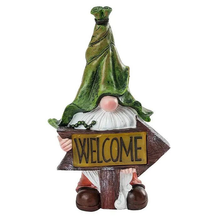 BAUHAUS Solar-Dekoleuchte Zwerg Welcome - 0,2 W, L x B x H: 13 x 13 x 33 cm, Grün/Braun, IP44 - Gartenfigur eines Zwergs mit einem "Willkommen"-Schild, ideal für die Dekoration im Freien und zur Begrüßung von Gästen.