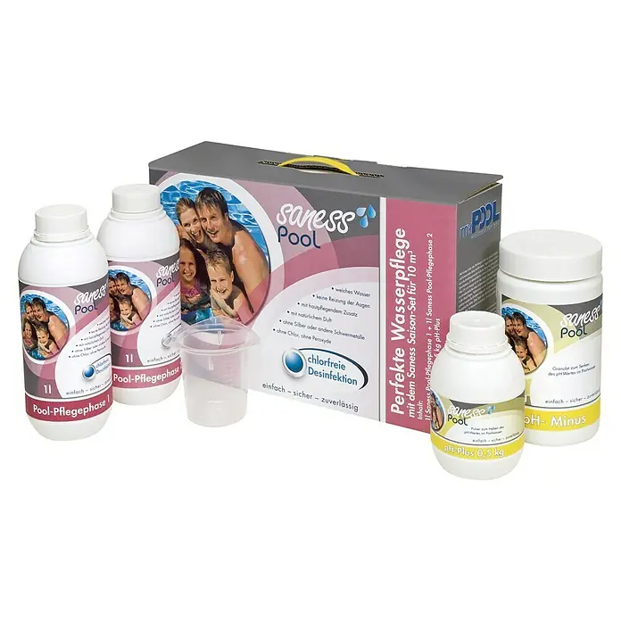 Saness Pool-Saisonset - 7 -tlg. - Saness Pool Komplettset für perfekte Wasserpflege mit chlorfreier Desinfektion, inklusive pH-Regulierer für einen sicheren Badespaß.