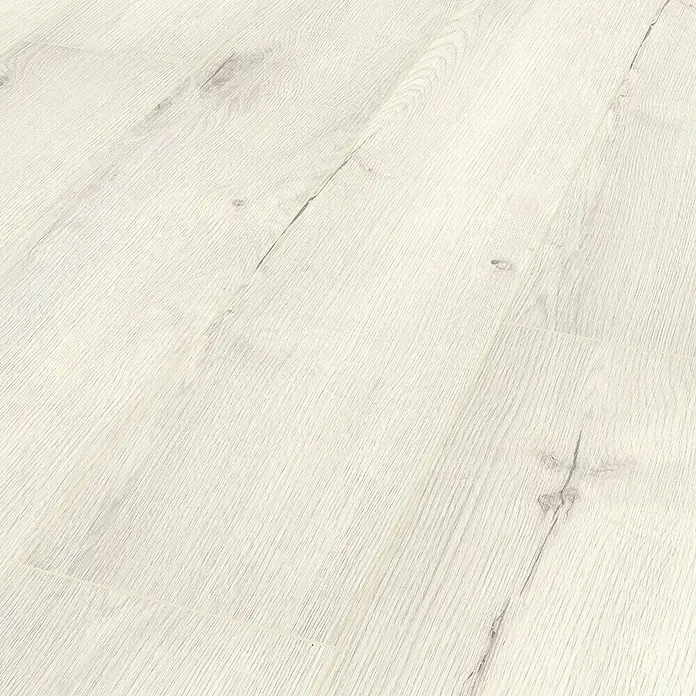 LOGOCLIC Designboden Element Flex - Eiche Almeria, Landhausdiele, 1.288 x 239 x 7 mm - Nahaufnahme von hellem Laminatboden mit Holzmaserung, ideal für moderne Inneneinrichtungen. Elegantes Design für stilvolle Räume.