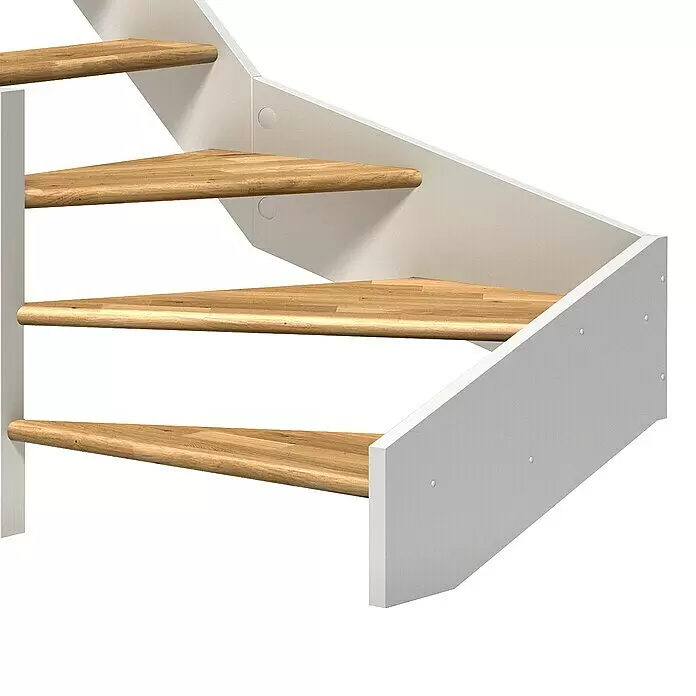 Dolle Raumspartreppe Paris - Breite: 83,5 mm, Eiche, Weiß, Natur, Lackiert, Geschosshöhe: 318 cm, 1/4-gewendelt links, Rechteckstäbe Holz, Ohne Setzstufen - Treppenstufen mit Naturholzstufen und weißen Wangen.