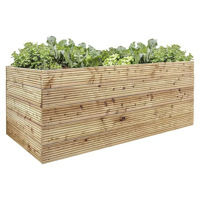 Hochbeet - 200 x 100 x 72 cm, Holz, Natur - Hochbeet aus Holz mit verschiedenen Gemüsesorten. Die Holzstruktur ist deutlich sichtbar und die Pflanzen sind grün und frisch.
