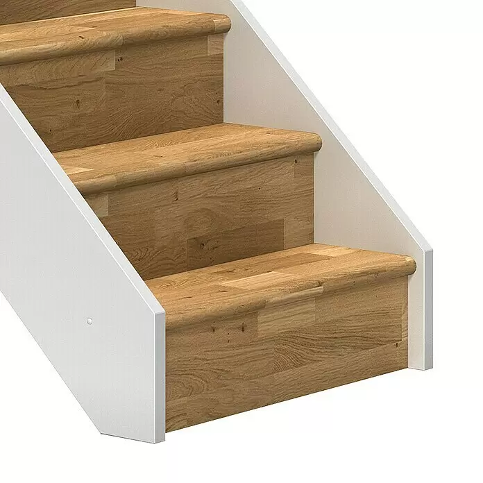 Dolle Raumspartreppe Paris - Breite: 83,5 mm, Eiche, Weiß, Natur, Lackiert, Geschosshöhe: 280,5 cm, Gerade, Rechteckstäbe Holz, Mit Setzstufen - Nahaufnahme einer Holztreppe mit hellen Eichenstufen und Setzstufen sowie weißen Wangen.