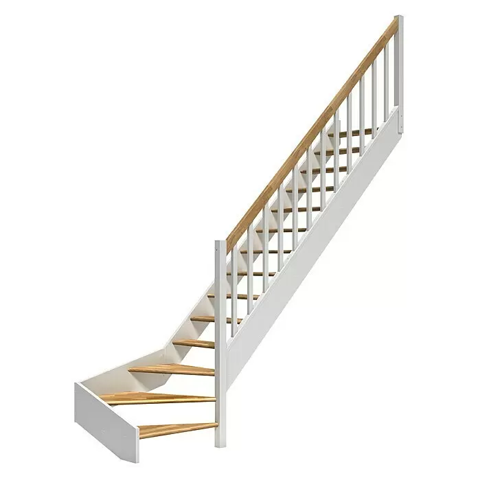 Dolle Raumspartreppe Paris - Breite: 83,5 mm, Eiche, Weiß, Natur, Lackiert, Geschosshöhe: 318 cm, 1/4-gewendelt rechts, Rechteckstäbe Holz, Ohne Setzstufen - Vorgefertigte Innentreppe mit weißen Wangen und Geländerstäben sowie hellen Holzstufen und Handlauf.