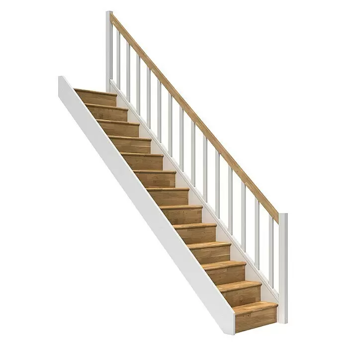 Dolle Raumspartreppe Paris - Breite: 83,5 mm, Eiche, Weiß, Natur, Lackiert, Geschosshöhe: 280,5 cm, Gerade, Rechteckstäbe Holz, Mit Setzstufen - Holztreppe mit weißen Wangen und Geländerstäben, sowie einem Naturholzhandlauf.
