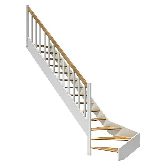 Dolle Raumspartreppe Paris - Breite: 83,5 mm, Eiche, Weiß, Natur, Lackiert, Geschosshöhe: 318 cm, 1/4-gewendelt links, Rechteckstäbe Holz, Ohne Setzstufen - Weiße und naturholzfarbene Innentreppe mit Geländer.