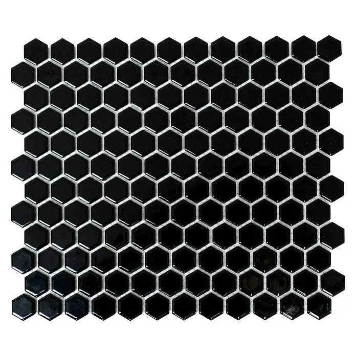 Mosaikfliese Hexagon Uni HX 060 - 26 x 30 cm, Schwarz, Glänzend - Schwarze Sechseck-Mosaikfliesen: Ein elegantes und modernes Designelement für jeden Raum, das Raffinesse und Stil verleiht.