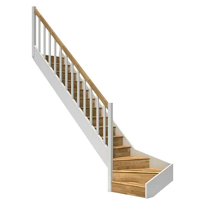 Dolle Raumspartreppe Paris - Breite: 83,5 mm, Eiche, Weiß, Natur, Lackiert, Geschosshöhe: 318 cm, 1/4-gewendelt links, Rechteckstäbe Holz, Mit Setzstufen - Treppe mit Holzstufen und Handlauf, weißen Geländerstäben und Wangen.