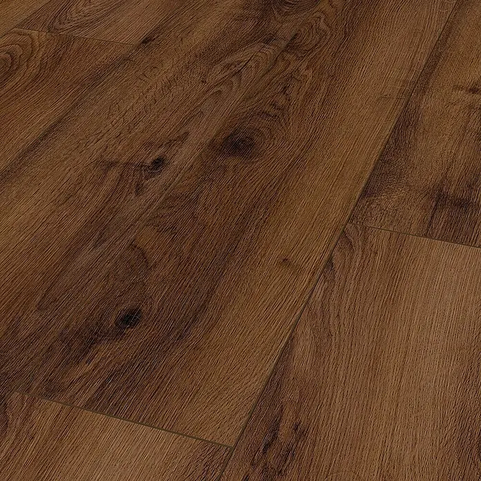LOGOCLIC Designboden Element Flex - Eiche Delania, Landhausdiele, 1.288 x 239 x 7 mm - Detailaufnahme von strukturiertem, dunklem Laminatboden, der warm und einladend wirkt. Perfekt für stilvolle Innenräume.