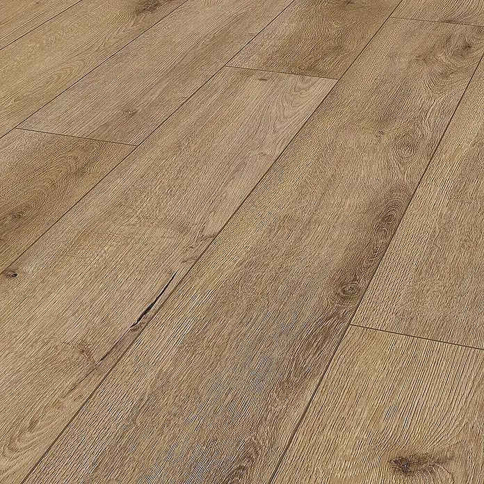LOGOCLIC Designboden Element Flex Eiche Santia1.288 x 239 x 7 mm, Landhausdiele, Eiche Santia - Eine Nahaufnahme von Laminatboden in warmen Holztönen, verlegt in einem versetzten Muster, das die Maserung und Textur betont.