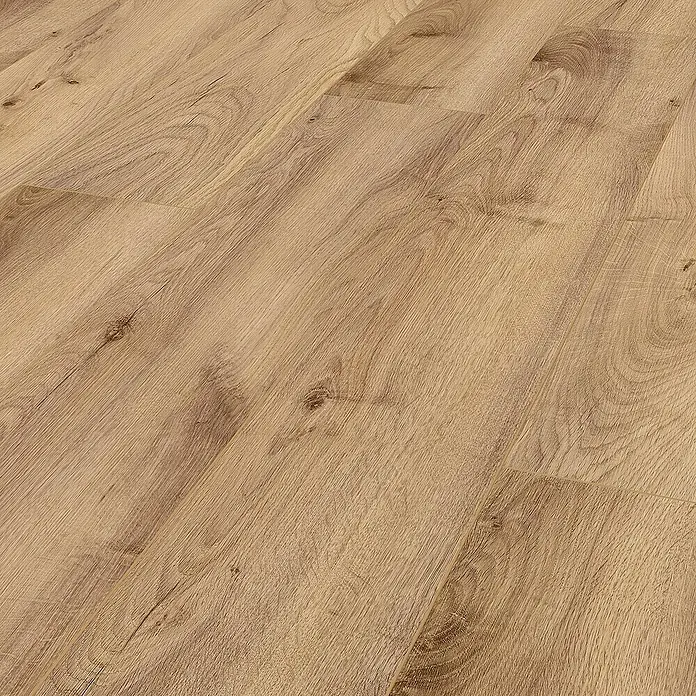 LOGOCLIC Designboden Element Flex - Eiche Amara, Landhausdiele, 1.288 x 239 x 7 mm - Detailaufnahme von hellem Laminatboden mit Holzmaserung, ideal für moderne Innenräume und einfache Reinigung.