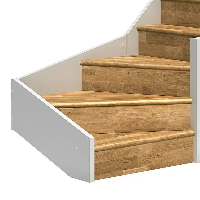 Dolle Raumspartreppe Paris - Breite: 83,5 mm, Eiche, Weiß, Natur, Lackiert, Geschosshöhe: 318 cm, 1/4-gewendelt rechts, Rechteckstäbe Holz, Mit Setzstufen - Aufsteigende Treppe mit hellen Holzstufen und weißen Wangen.