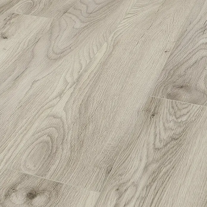 LOGOCLIC Designboden Element Flex - Eiche Callida, Landhausdiele, 1.288 x 239 x 7 mm - Bild eines hellgrauen Laminatbodens mit einer deutlichen Holzmaserung, ideal für moderne Innenräume und zur Aufwertung des Wohnraums.