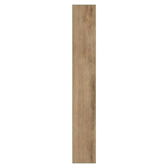 LOGOCLIC Designboden Element Flex Eiche Santia1.288 x 239 x 7 mm, Landhausdiele, Eiche Santia - Nahaufnahme einer einzelnen, länglichen Holzfliese mit natürlicher Holzmaserung und warmen Farbtönen.