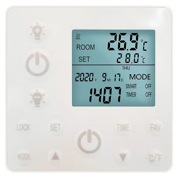 Jollytherm Infrarotheizkörper - B x H: 63 x 65 cm, 400 W, Weiß - Nahaufnahme eines digitalen Raumthermostats mit Temperaturanzeige und verschiedenen Bedienelementen.