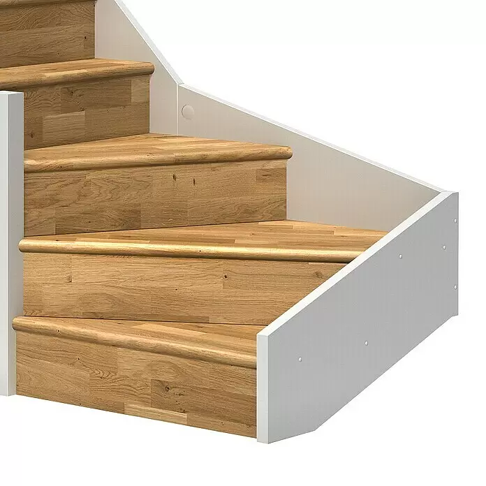 Dolle Raumspartreppe Paris - Breite: 83,5 mm, Eiche, Weiß, Natur, Lackiert, Geschosshöhe: 318 cm, 1/4-gewendelt links, Rechteckstäbe Holz, Mit Setzstufen - Gerade Holztreppe mit hellen Eichentrittstufen und weißen Seitenwangen.