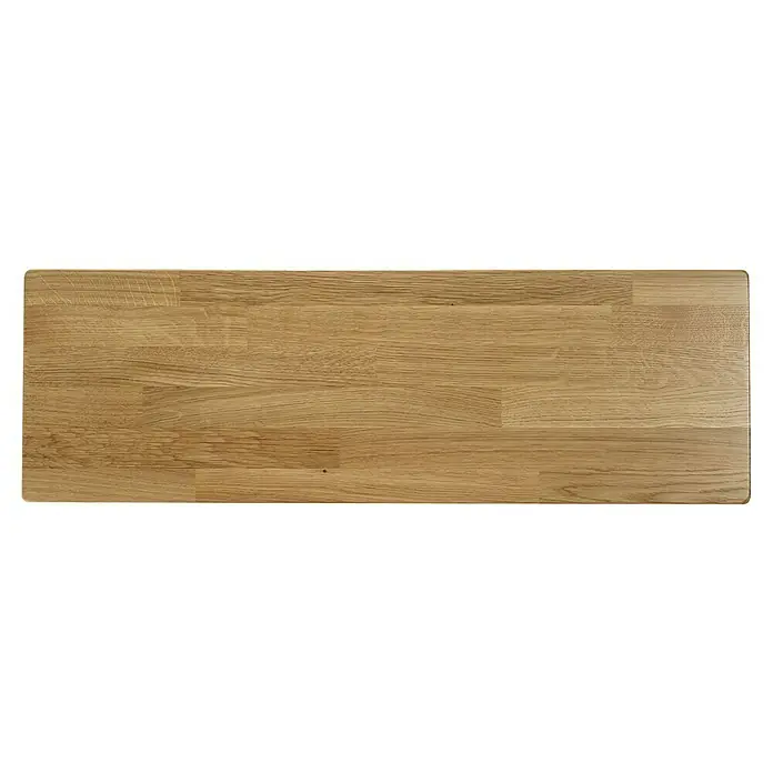 Dolle Mittelholmtreppe CorkBreite: 75 cm, Perlgrau, 1/4-gewendelt, Farbe Stufen: Eiche Natur, Geschosshöhe: 259 cm - 315 cm, Einzelstabgeländer - Eine Nahaufnahme einer Arbeitsplatte aus Holz, die eine natürliche Maserung und eine warme Farbpalette aufweist. Sie ist robust und langlebig.
