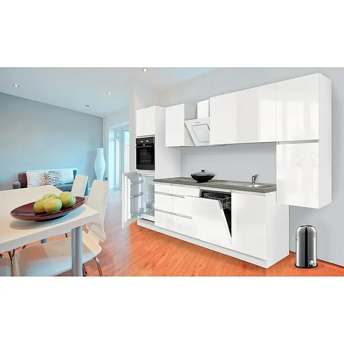 Respekta Premium Küchenzeile Lorena - Breite: 330 cm, Weiß, Hochglänzend, Dekor Arbeitsplatte: Steinoptik, Mit Elektrogeräten - Elegante moderne Küche mit weißen Hochglanzfronten und Edelstahl-Abfalleimer. Der Fokus liegt auf dem stilvollen Küchendesign.
