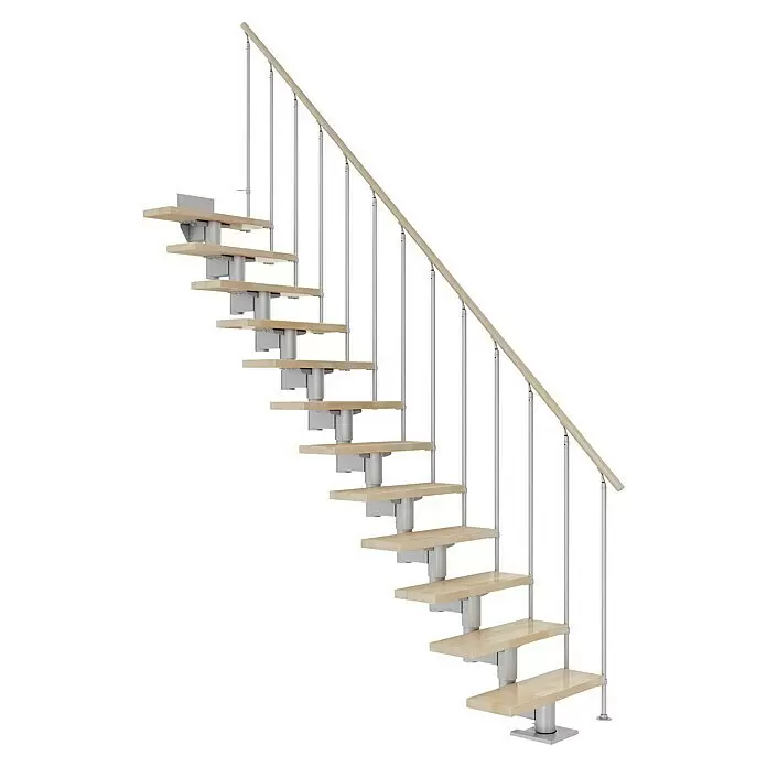 Dolle Mittelholmtreppe Cork - Breite: 75 cm, Perlgrau, Gerade, Farbe Stufen: Buche Natur, Geschosshöhe: 278 cm - 337 cm, Einzelstabgeländer - Moderne Wendeltreppe mit hellen Holzstufen und Handlauf, ausgestattet mit silbernen Metallstützen und Geländerstäben.