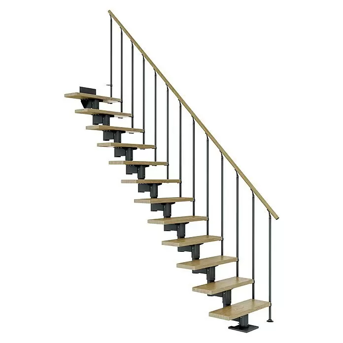 Dolle Mittelholmtreppe Cork - Breite: 75 cm, Anthrazitgrau, Gerade, Farbe Stufen: Eiche Natur, Geschosshöhe: 278 cm - 337 cm, Einzelstabgeländer - Moderne Modultreppe mit hellen Holzstufen und Handlauf, getragen von dunklen Metallgeländern und -struktur.